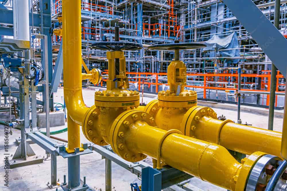 Industrial pipeline system with yellow valves at Kelco Industries factory.