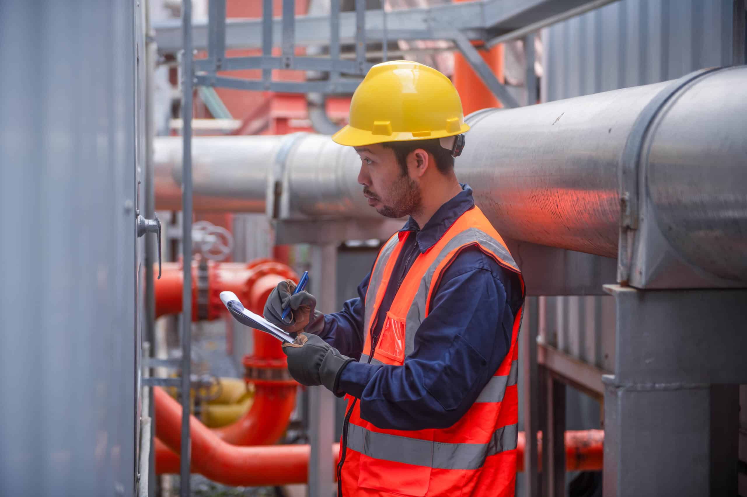 Experienced industrial worker inspecting pipelines at Kelco Industries facility.