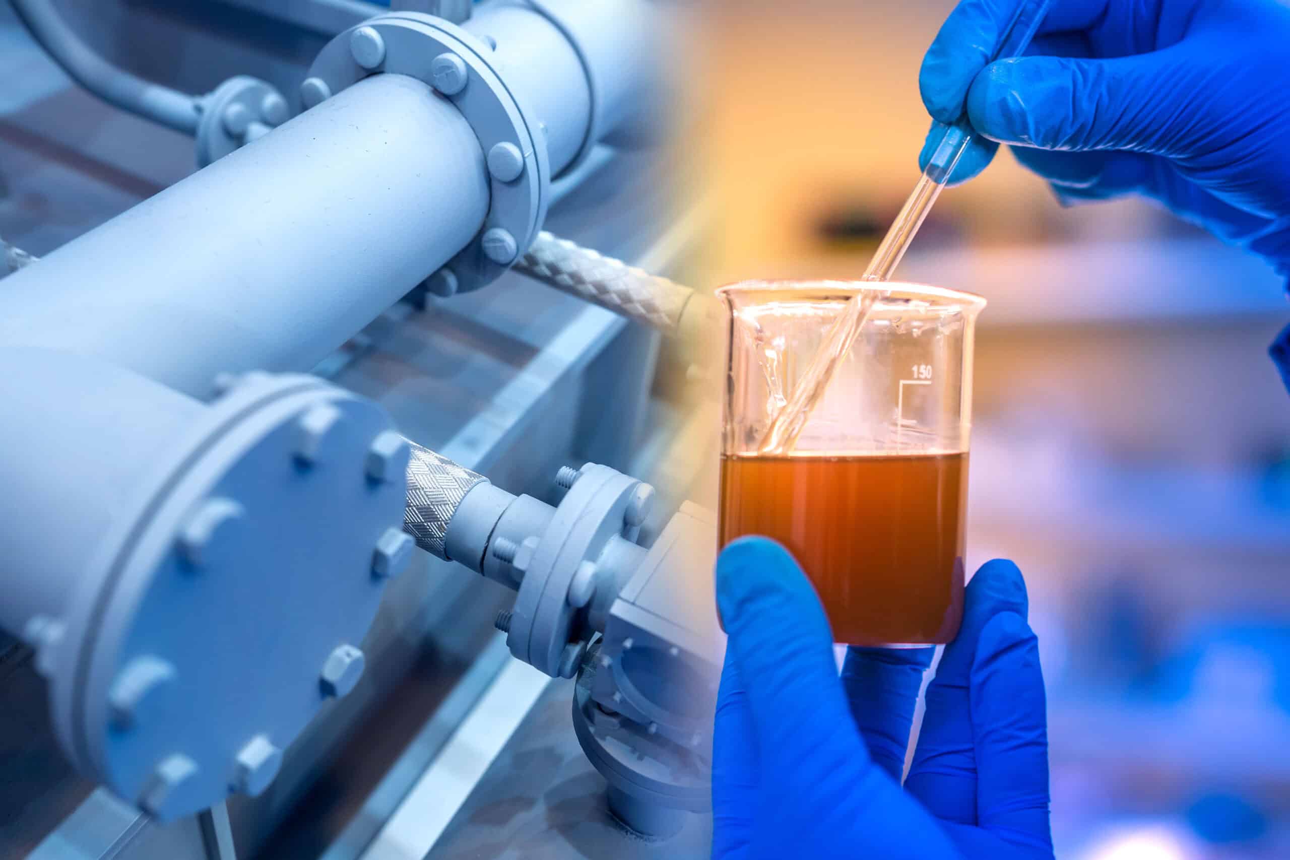 High-tech industrial laboratory testing chemical solutions in a beaker with precision and safety.
