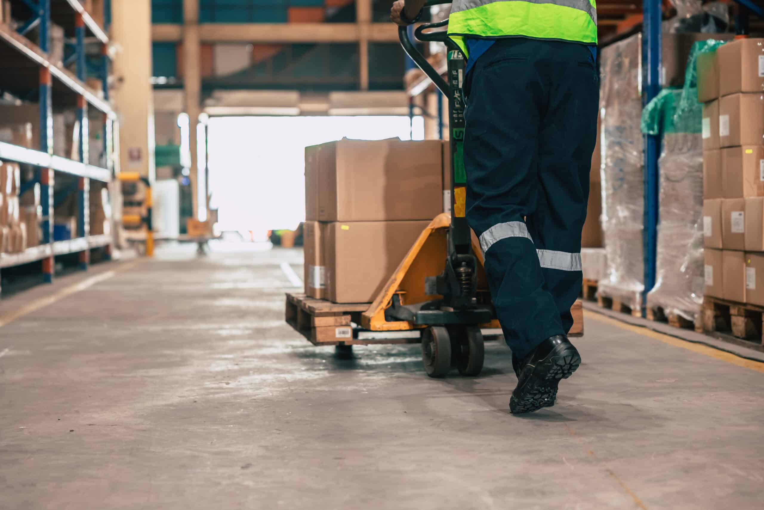 Forklift operator moving boxes in warehouse.