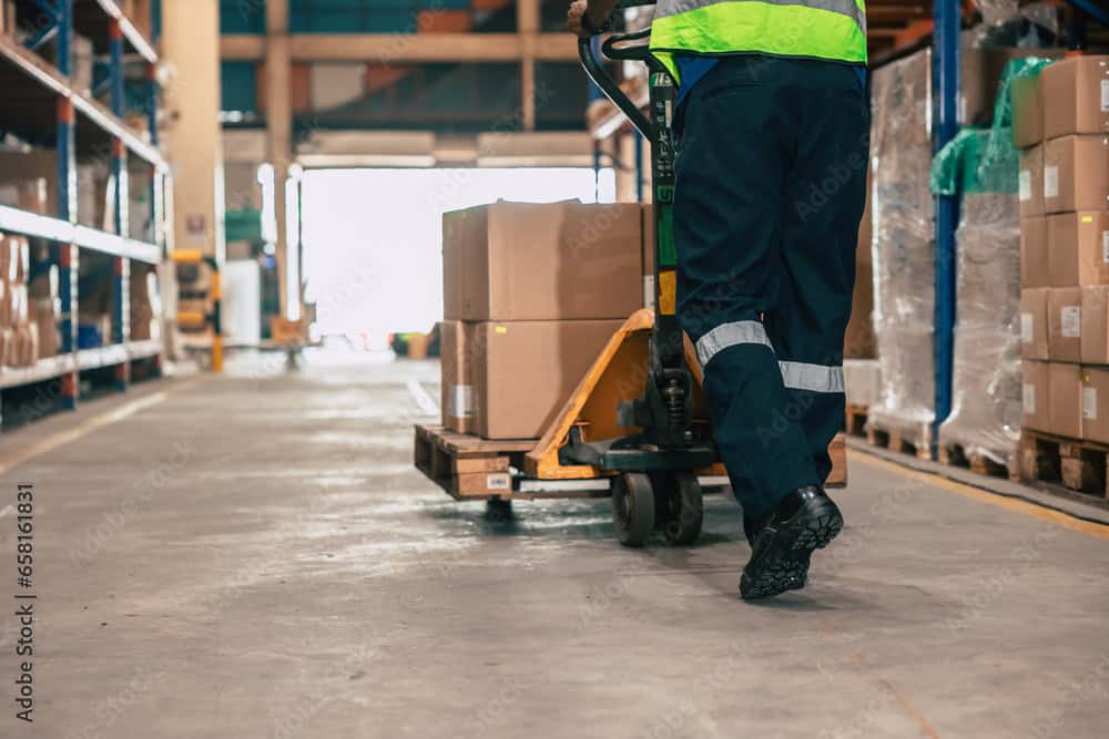 Heavy-duty warehouse worker moving boxes with pallet jack at Kelco Industries.