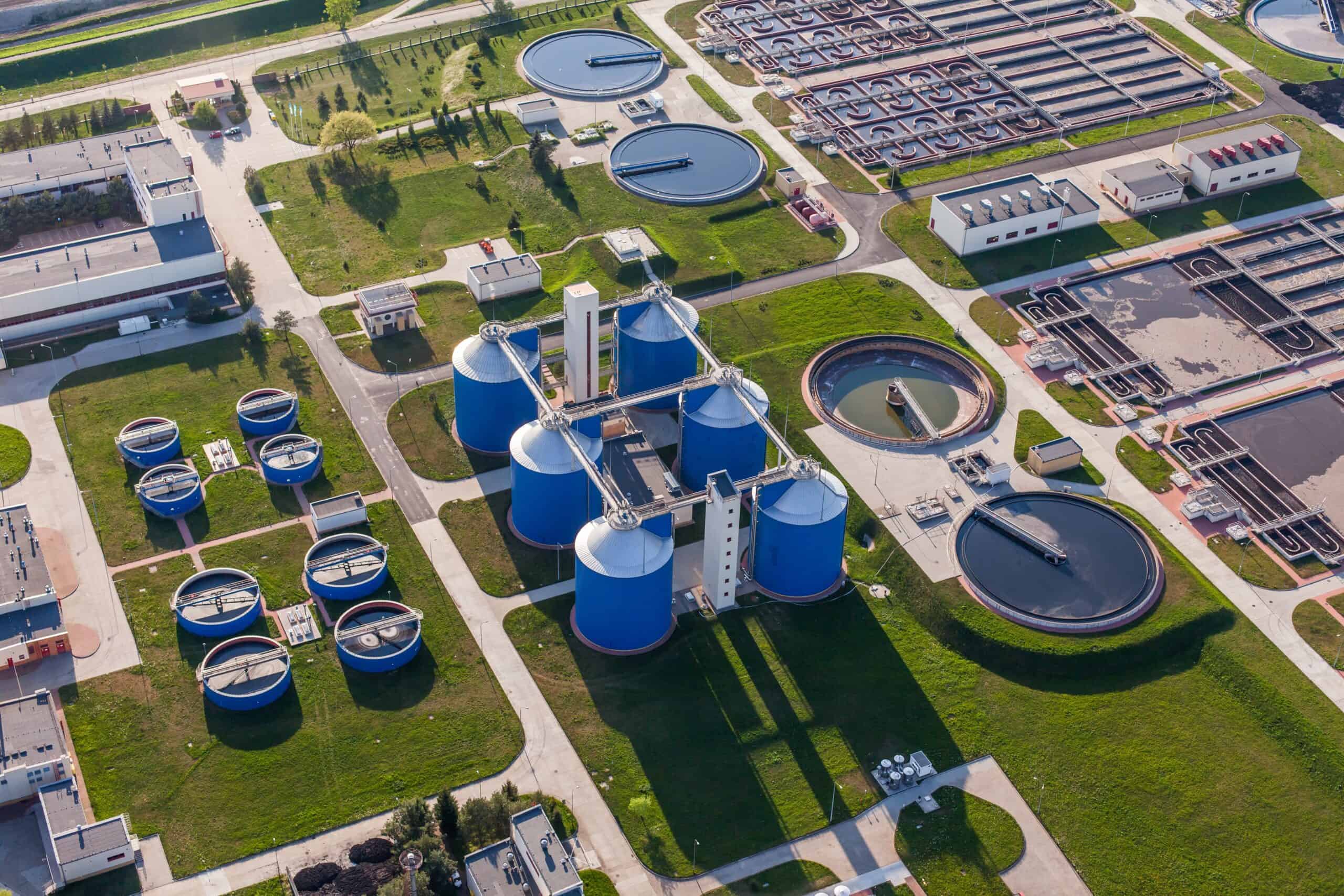Aerial view of Kelco Industries water treatment facility with large tanks and processing units.