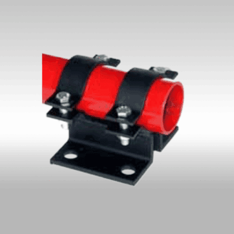 High-pressure pipe coupling with red connector and black mounting bracket for industrial piping systems.