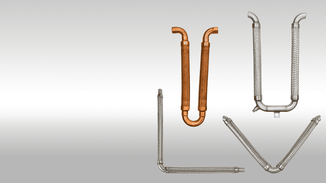 Flexible industrial piping with metal and copper components for plumbing and HVAC systems.