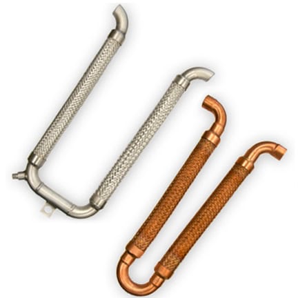 Flexible metal hoses with braided stainless steel and copper coverings for industrial plumbing solutions.