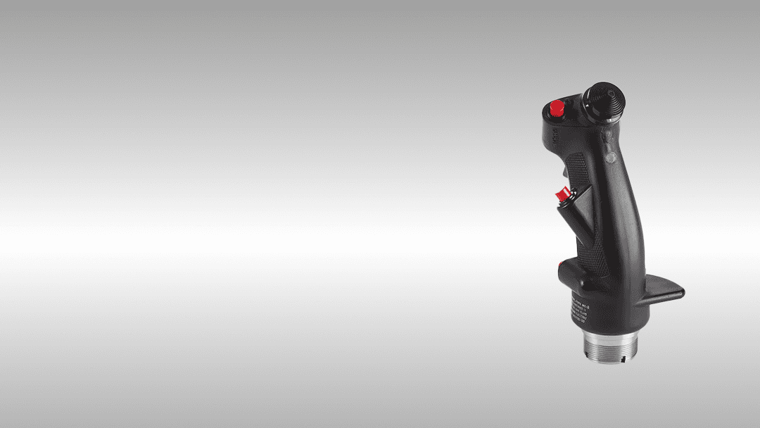 Heavy-duty industrial control joystick with ergonomic design for precision operation.