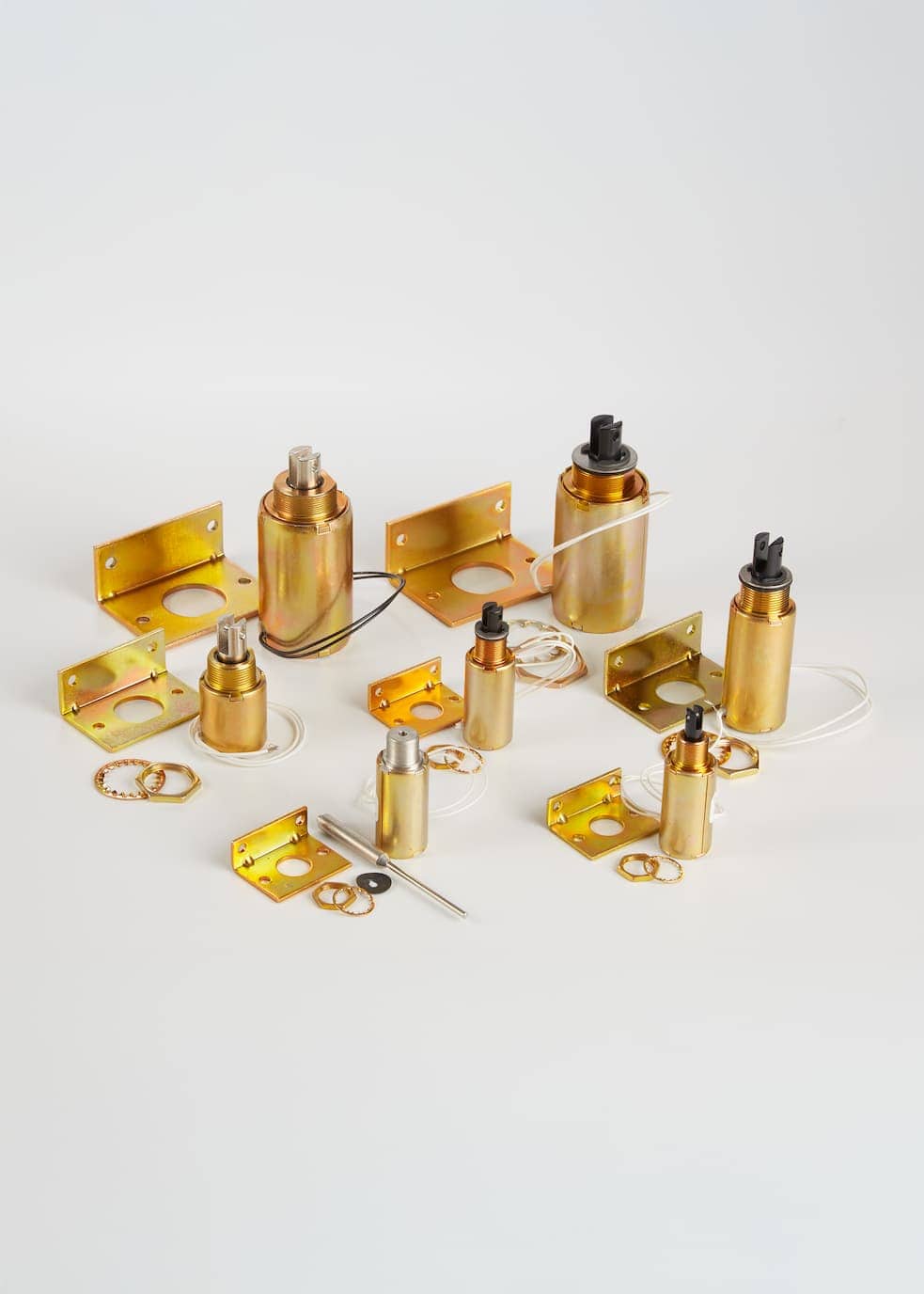 Precision industrial motor components with gold-tone housings for manufacturing, automation, and machinery.