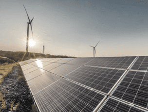 Solar panels and wind turbines at renewable energy farm.