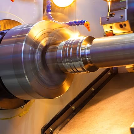 High-precision metal machining process on a large industrial lathe machine.
