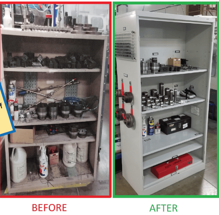 Shelf organization for industrial tools and parts, before and after repair.