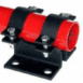 Heavy-duty red pipe clamp for industrial plumbing and construction applications.