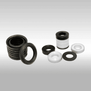 Black and white industrial rubber O-rings and seals for plumbing and machinery.