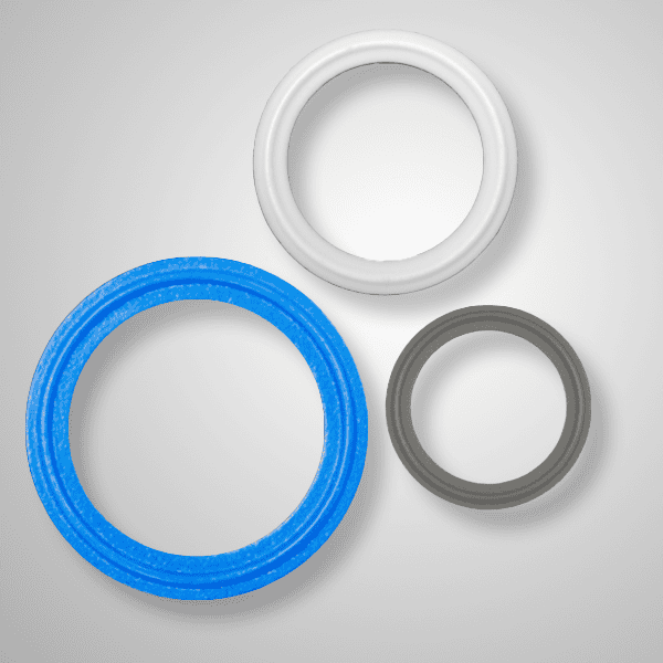 O-rings in white, blue, and gray for industrial sealing applications.