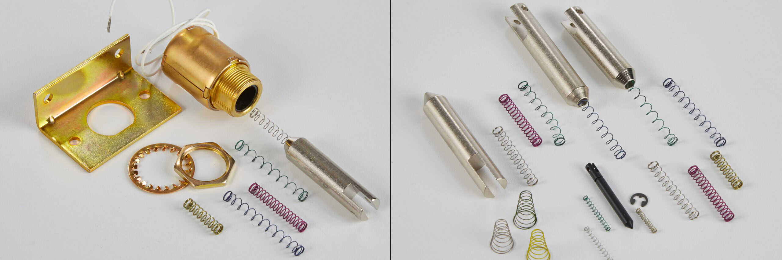 Gold industrial component with springs and metal parts for manufacturing and engineering applications.