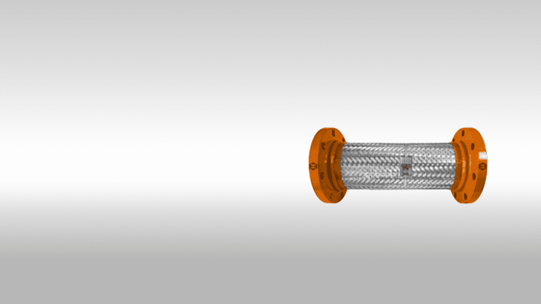 High-pressure industrial flexible hose connector with orange flanges for fluid transfer.