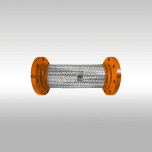 High-pressure industrial pipe coupling with orange flanges and stainless steel braided hose for fluid transfer.