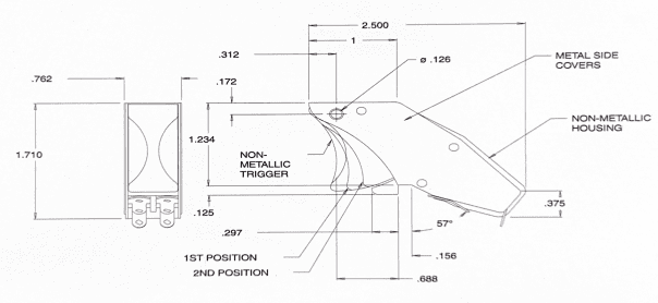 Precision industrial limit switch technical drawing with metal covers and non-metallic housing.